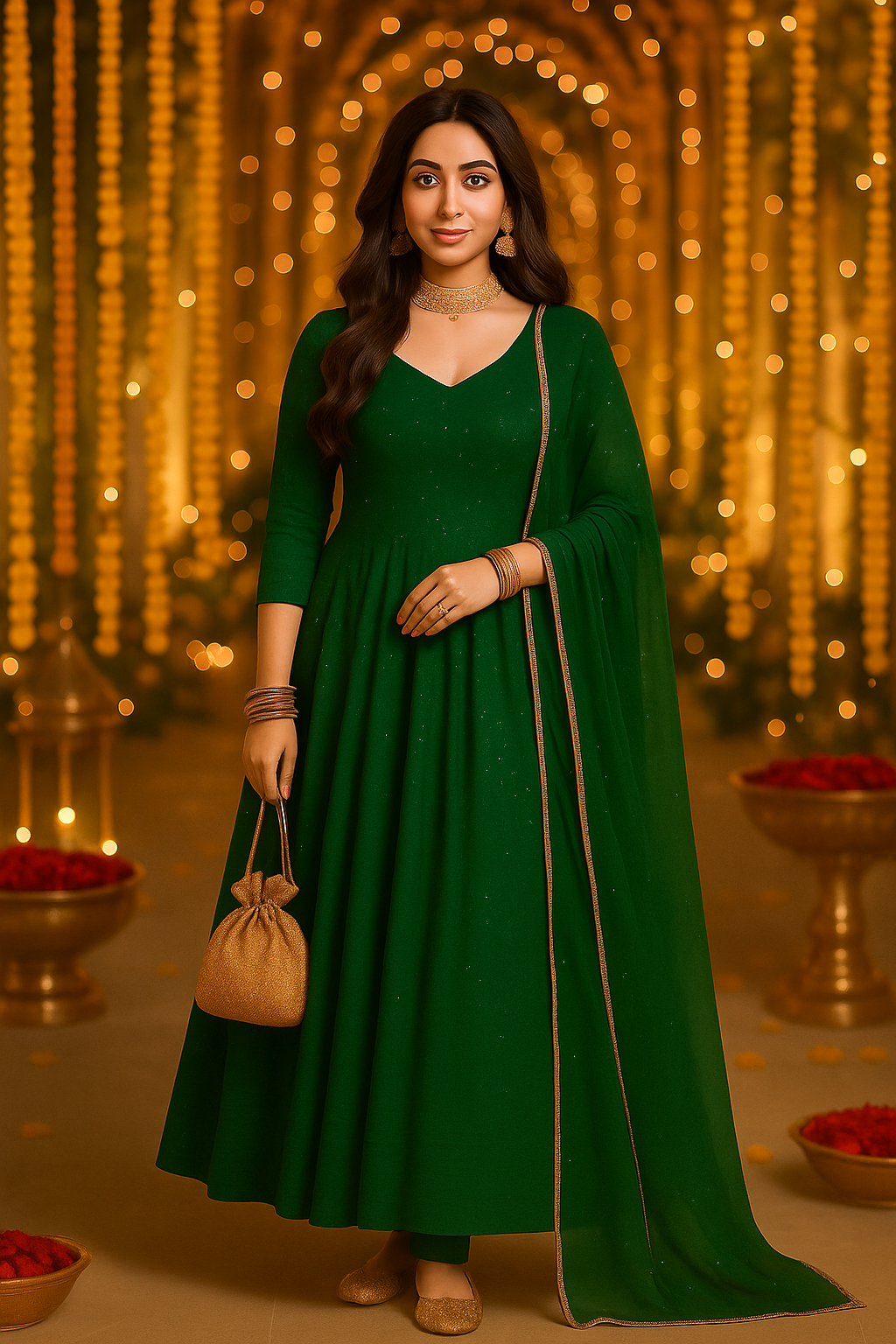 Deep Green Anarkali Kurta Set With Dupatta For Women 