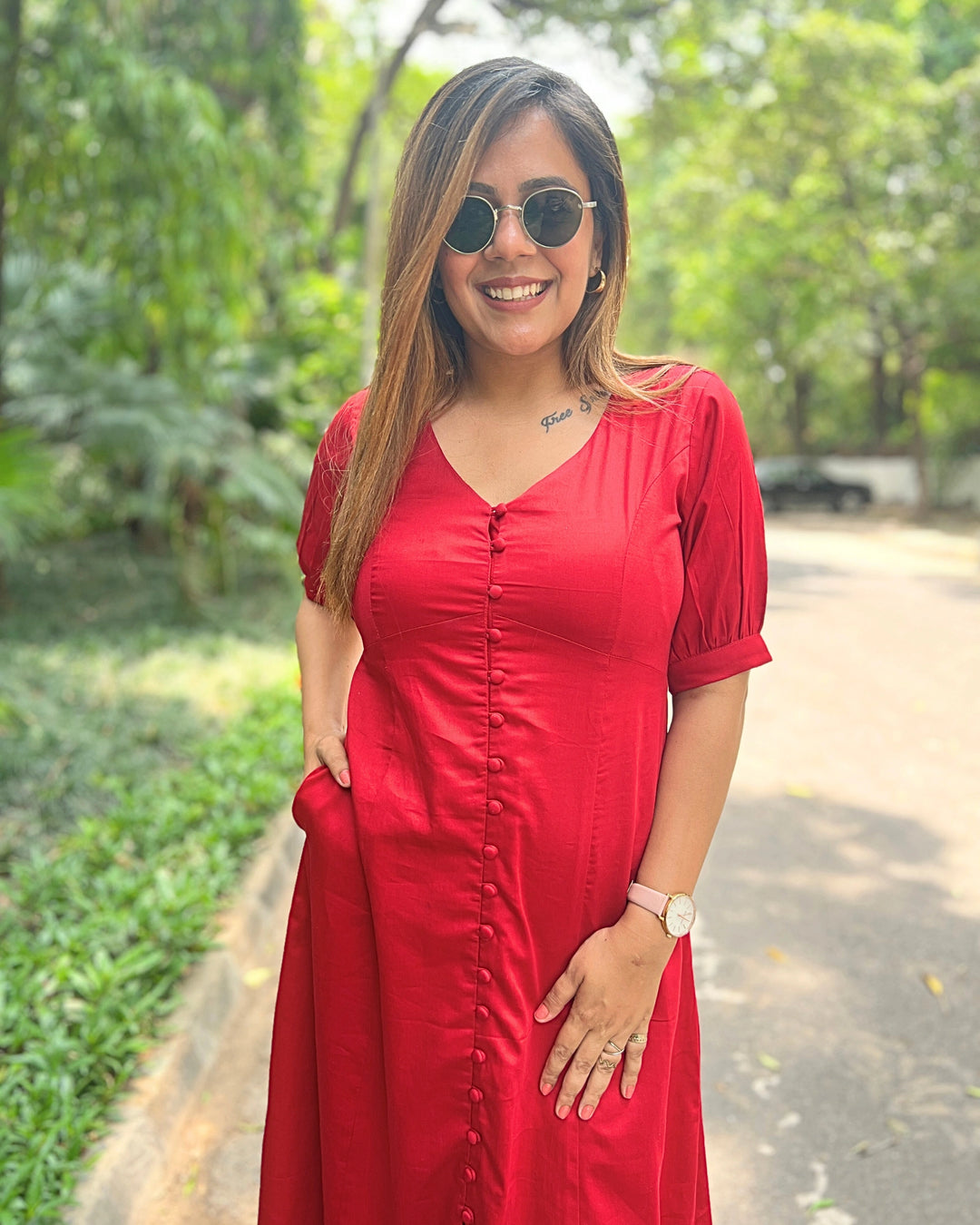 Cherry Red Empire Cut Aline Dress