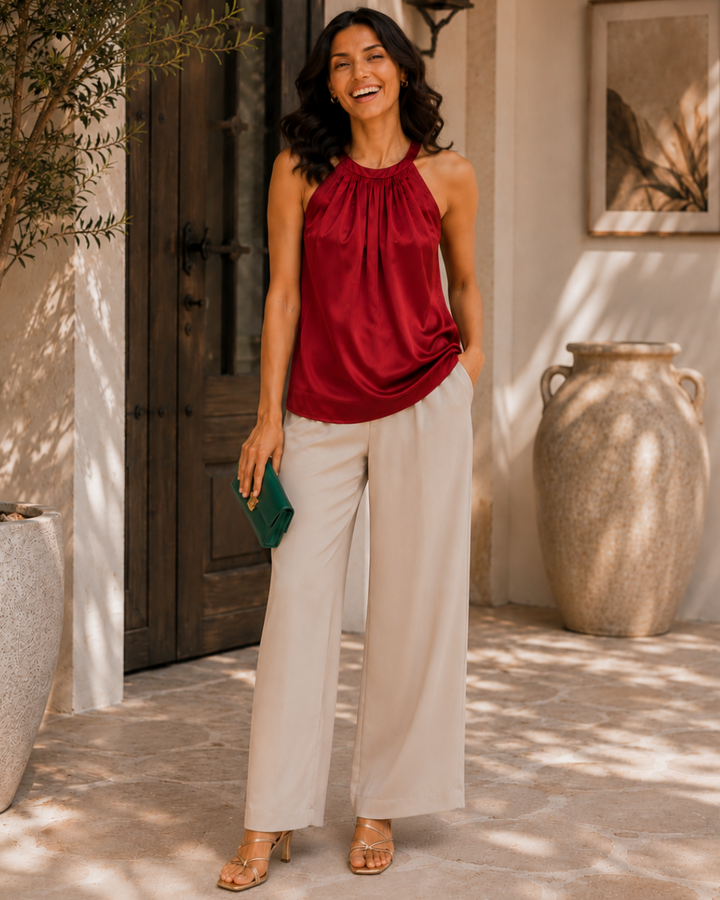 Cherry Red Luxe Satin Halter Top