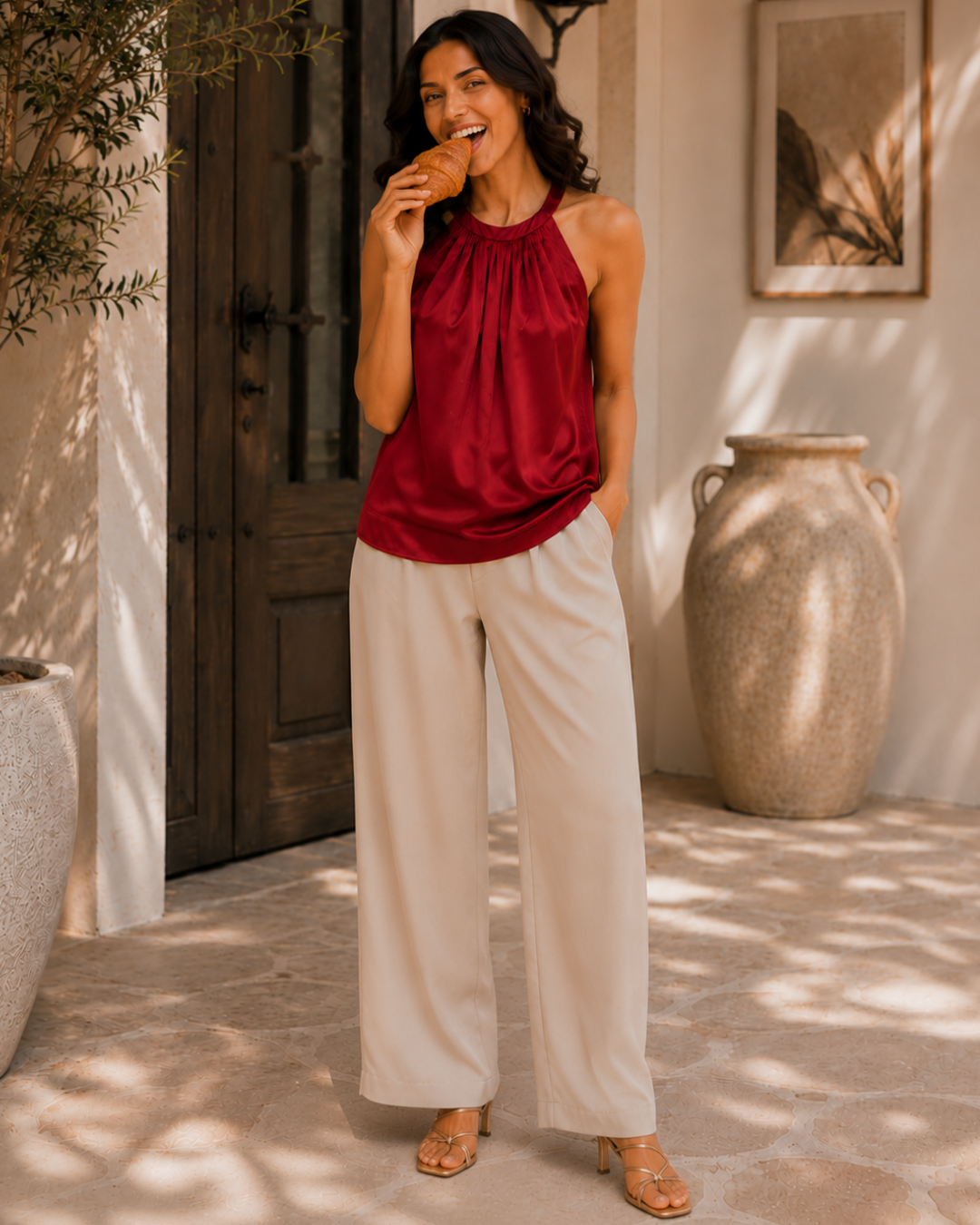 Cherry Red Luxe Satin Halter Top