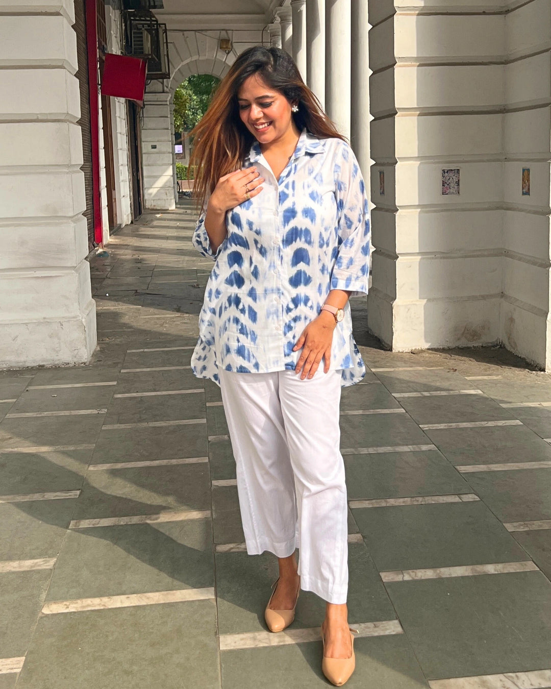 Cloudy Blue Long Cotton Printed Shirt For Women