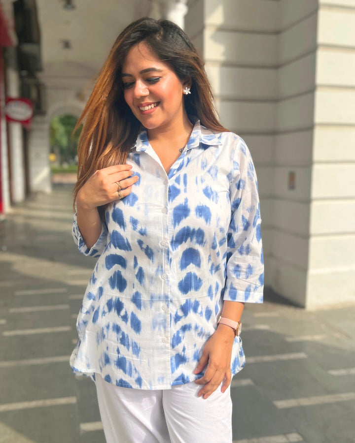 Cloudy Blue Long Cotton Printed Shirt For Women