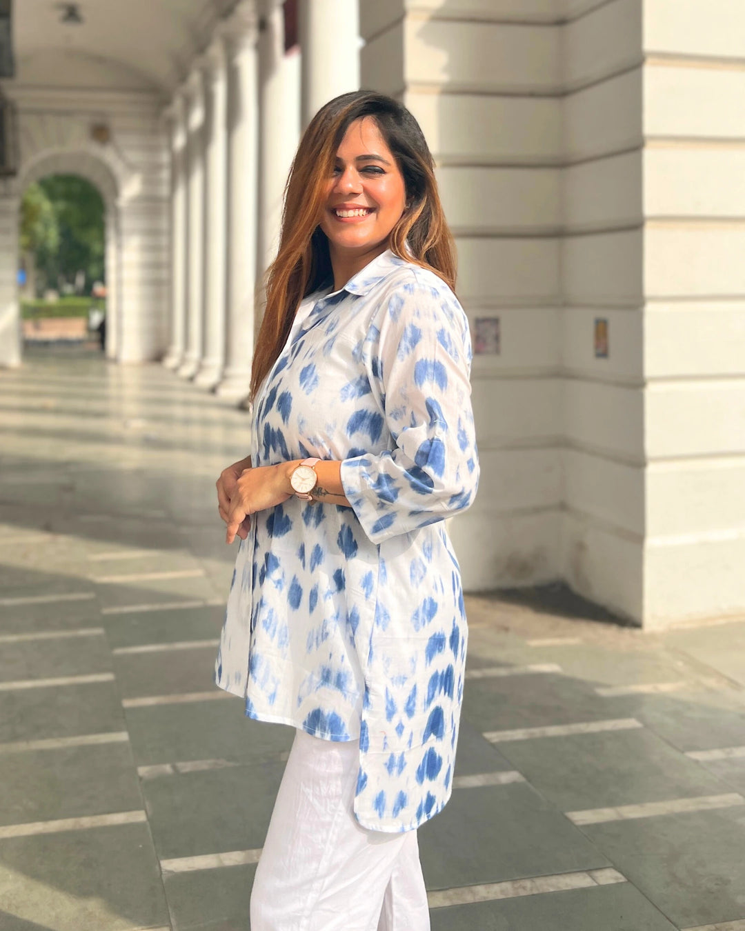 Cloudy Blue Long Cotton Printed Shirt For Women