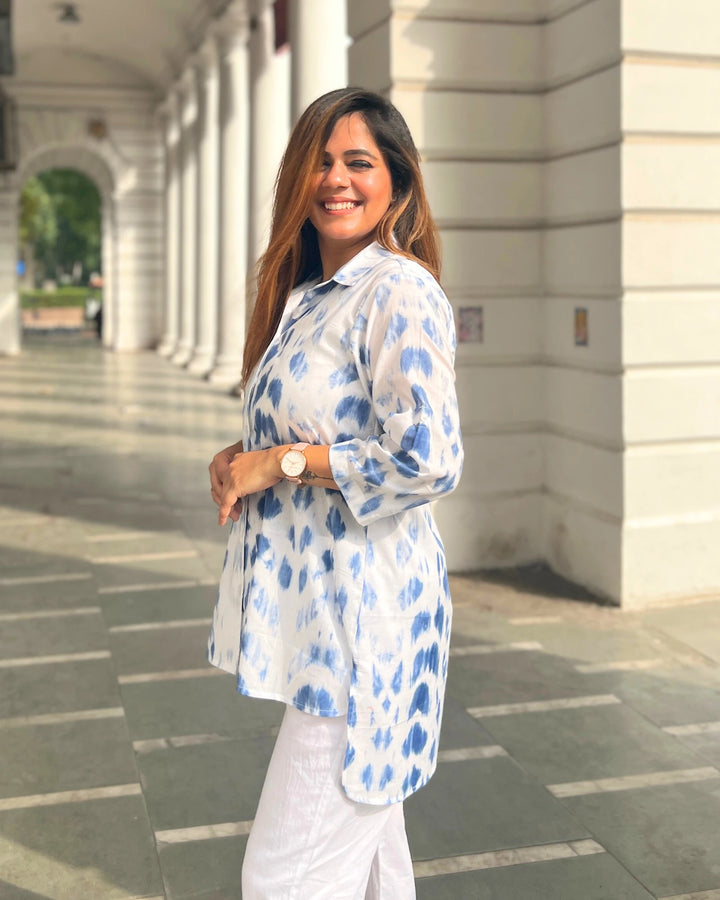 Cloudy Blue Long Cotton Printed Shirt For Women
