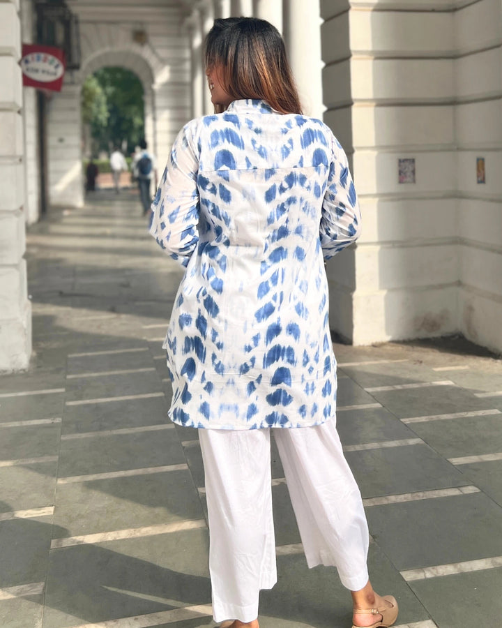 Cloudy Blue Long Cotton Printed Shirt For Women