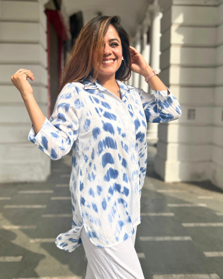 Cloudy Blue Long Cotton Printed Shirt For Women