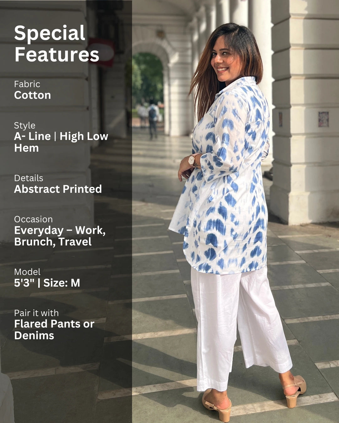 Cloudy Blue Long Cotton Printed Shirt For Women