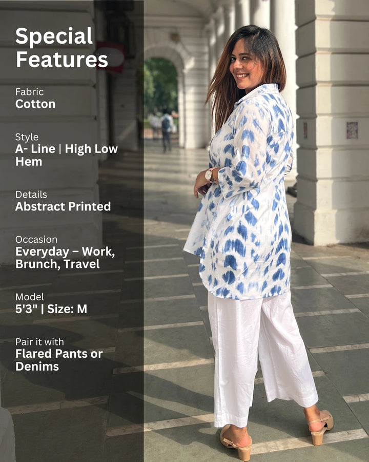 Cloudy Blue Long Cotton Printed Shirt For Women