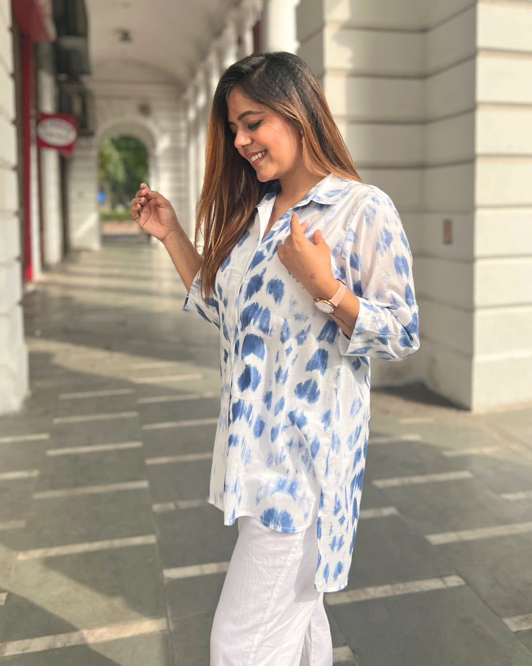 Cloudy Blue Long Cotton Printed Shirt For Women