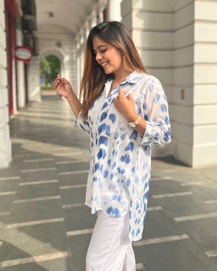 Cloudy Blue Long Cotton Printed Shirt For Women