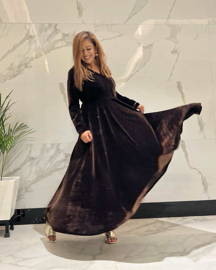 Clove Brown Fit and Flare Long Velvet Dress