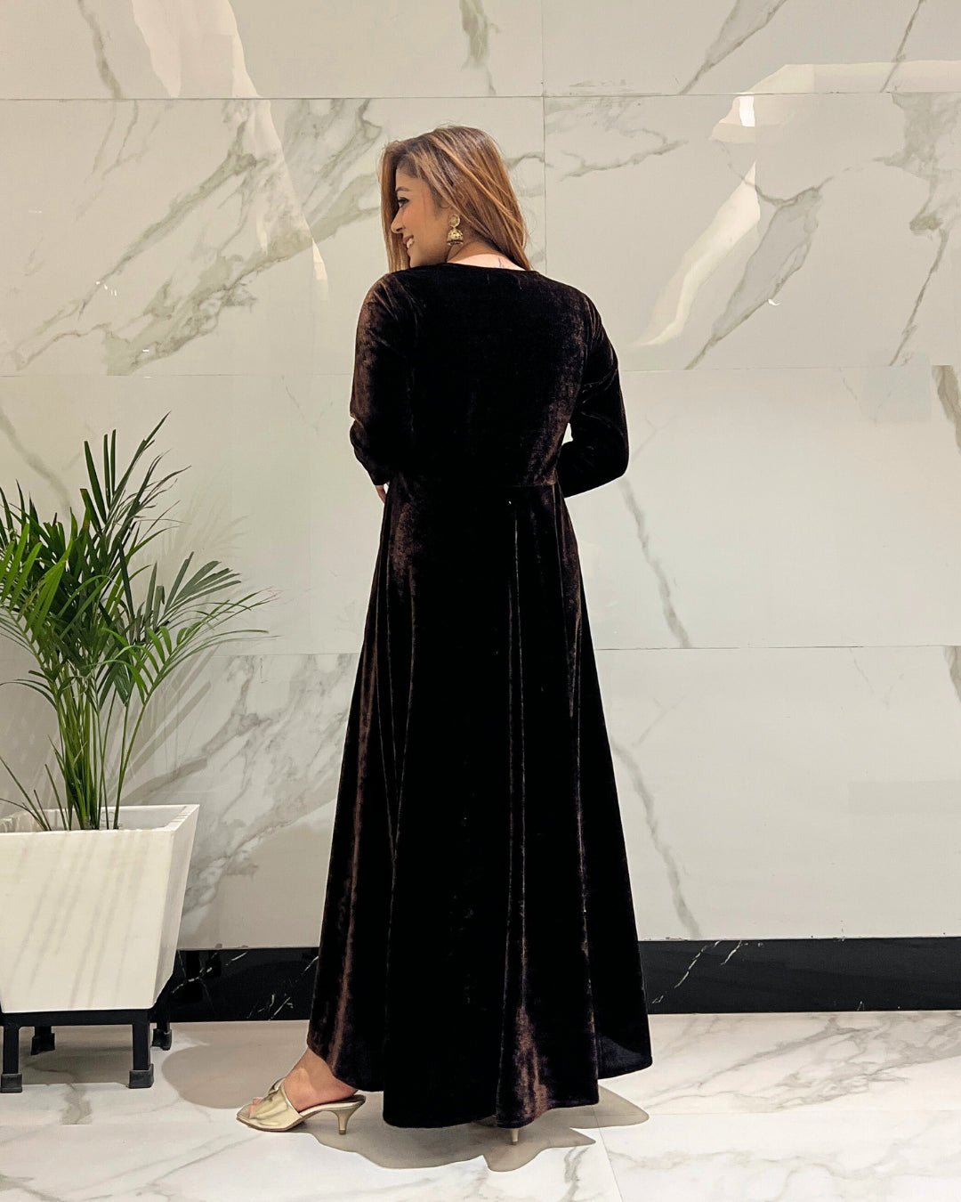 Clove Brown Fit and Flare Long Velvet Dress