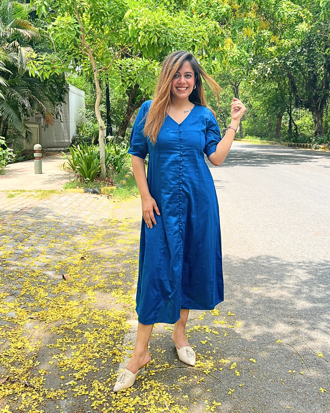 Cobalt Blue Empire Cut A-Line Dress The Svaya Cobalt Blue Empire Cut A-Line Dress The Svaya