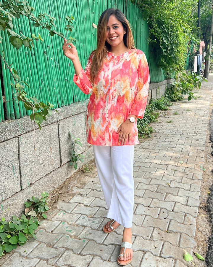 Coral Yellow Printed Cotton Shirt For Women