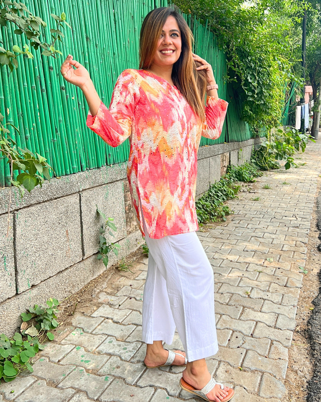 Coral Yellow Printed Cotton Shirt For Women