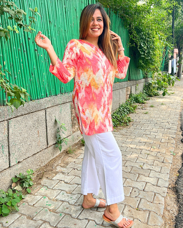 Coral Yellow Printed Cotton Shirt For Women