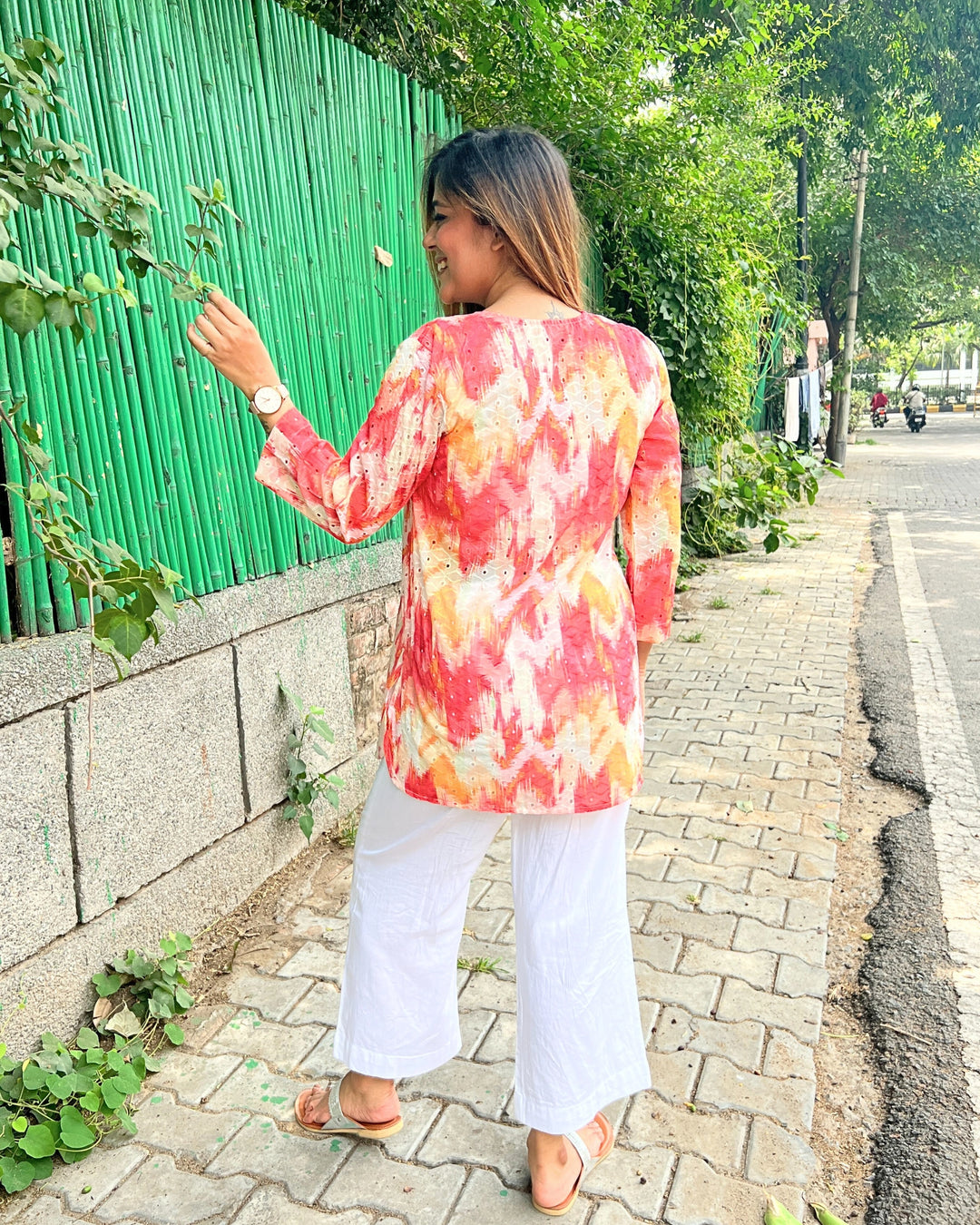 Coral Yellow Printed Cotton Shirt For Women