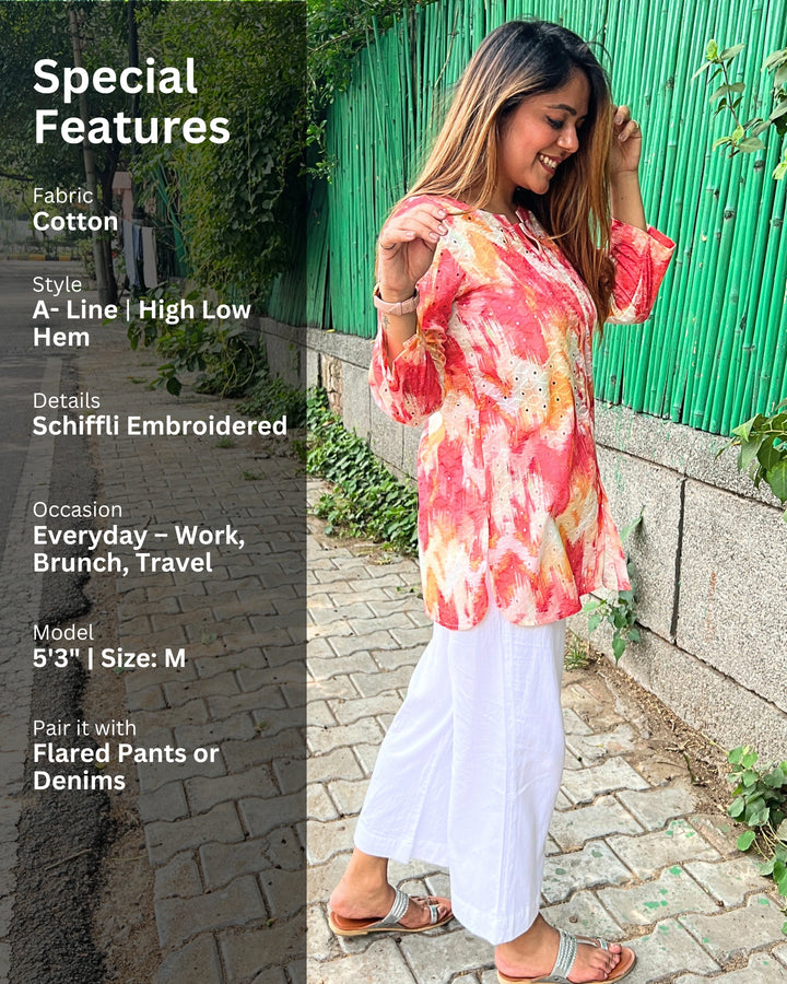Coral Yellow Printed Cotton Shirt For Women