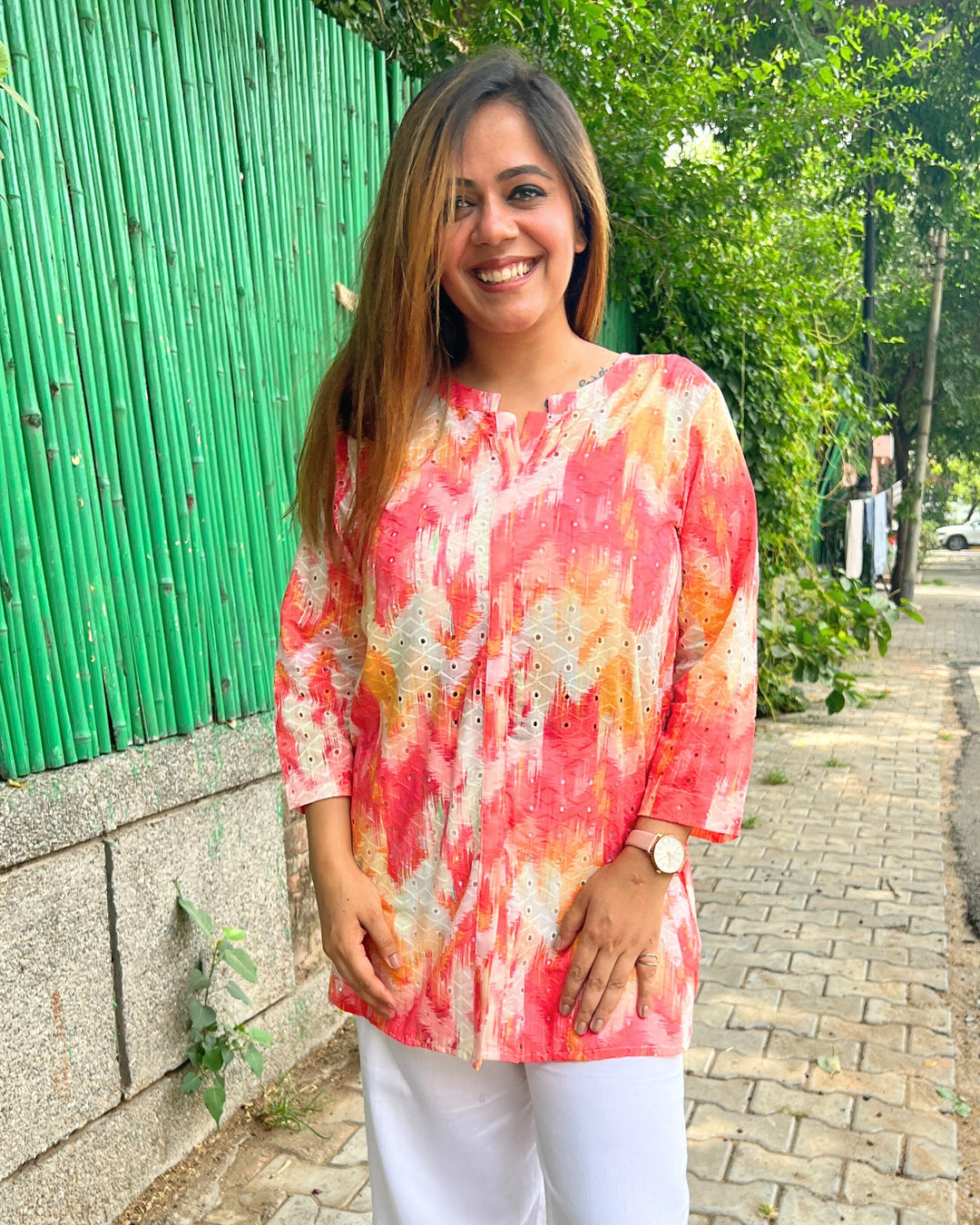 Coral Yellow Printed Cotton Shirt For Women