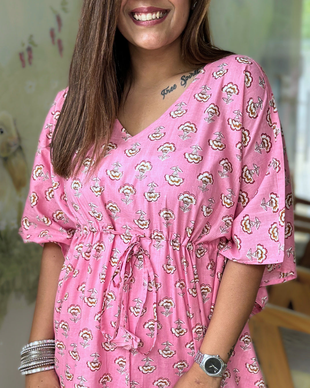 Creamy Pink Dabu Print Kaftan