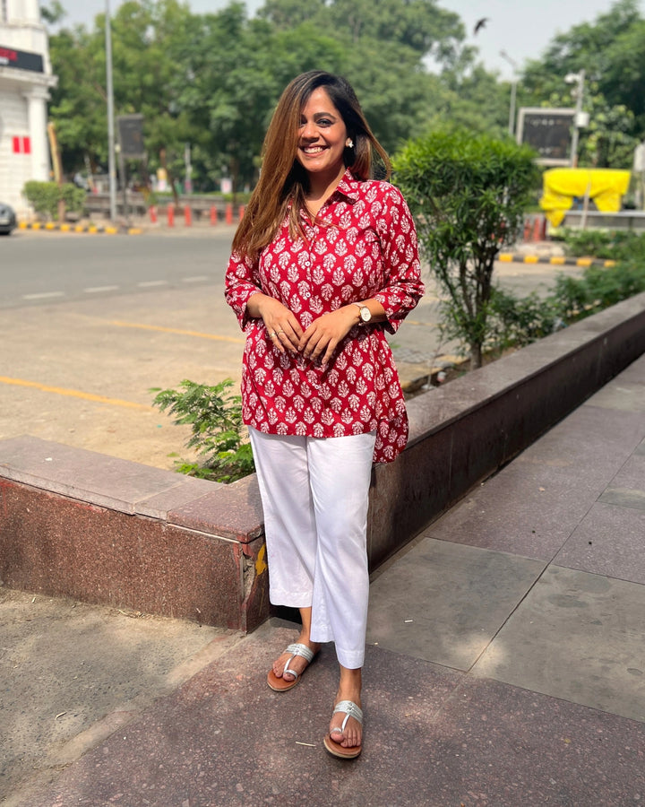 Crimson Red Ethnic Cotton Shirt for Women