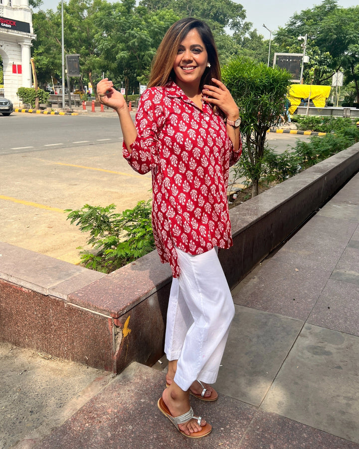 Crimson Red Ethnic Cotton Shirt for Women