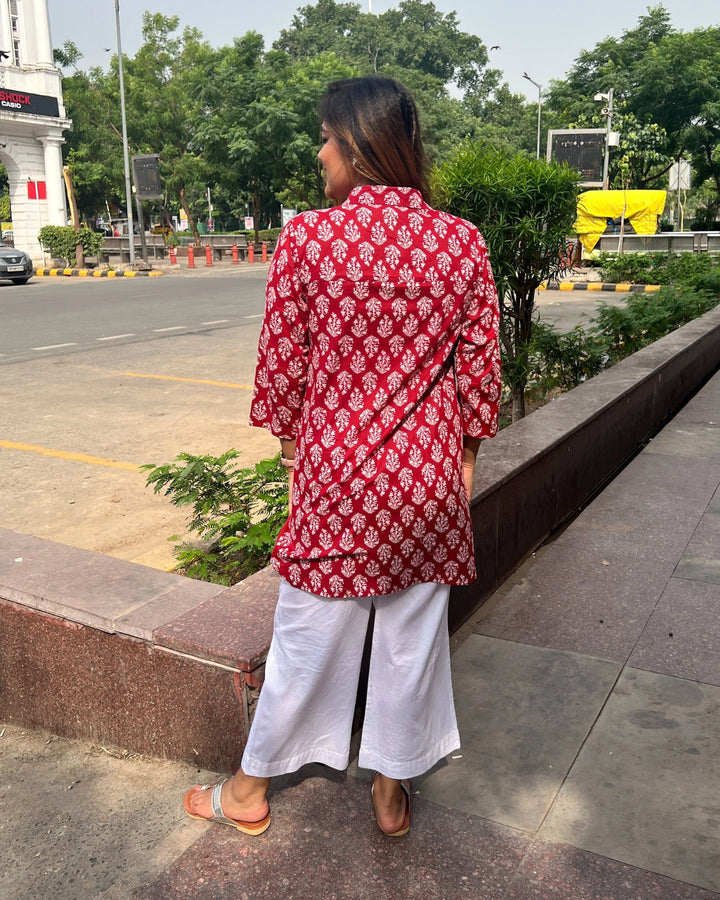 Crimson Red Ethnic Cotton Shirt for Women