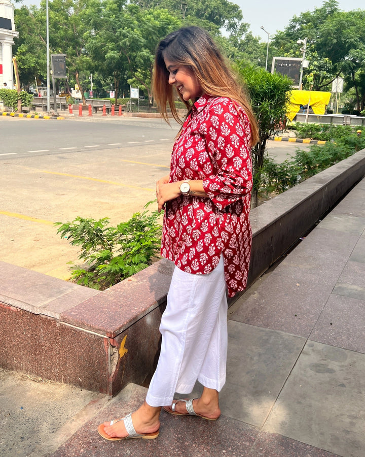 Crimson Red Ethnic Cotton Shirt for Women