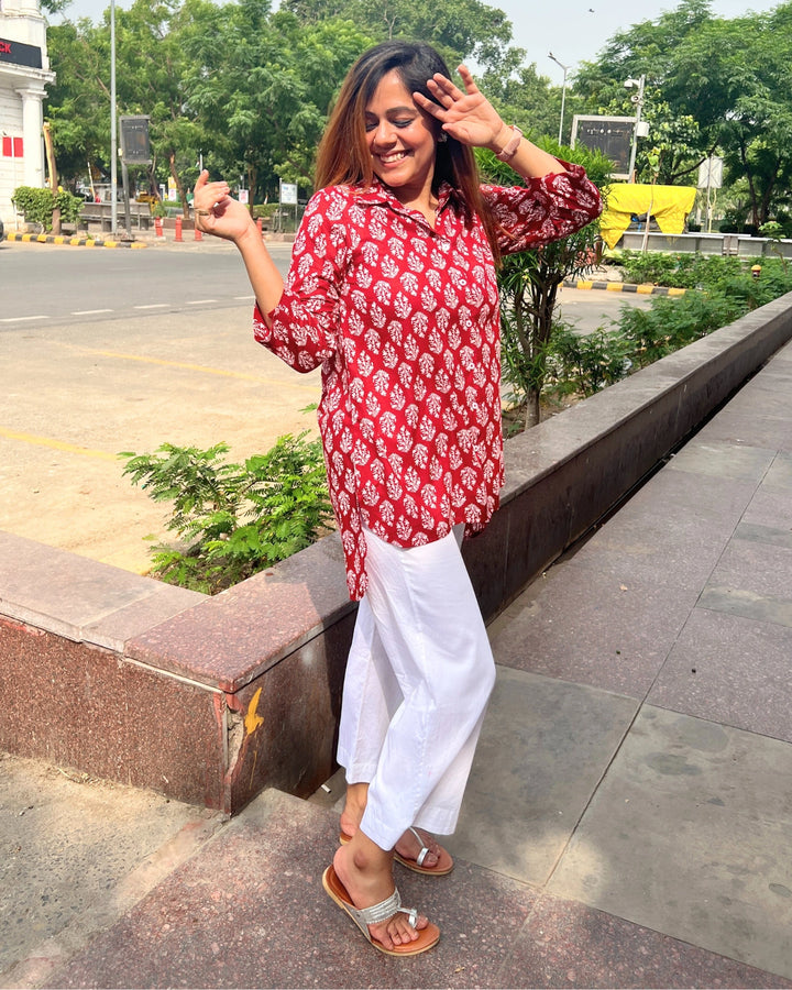 Crimson Red Ethnic Cotton Shirt for Women