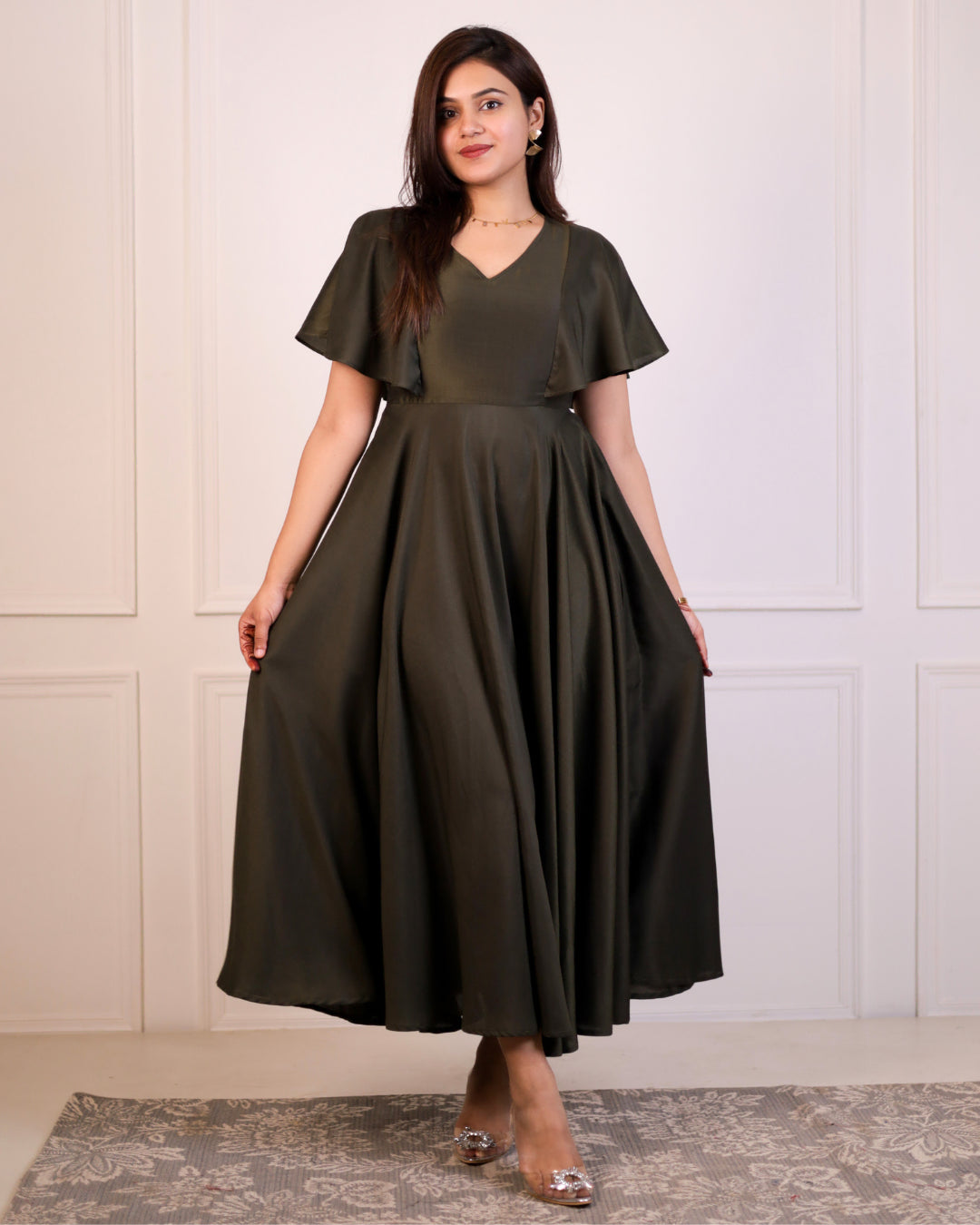 Dark Olive Frill and Flare Dress