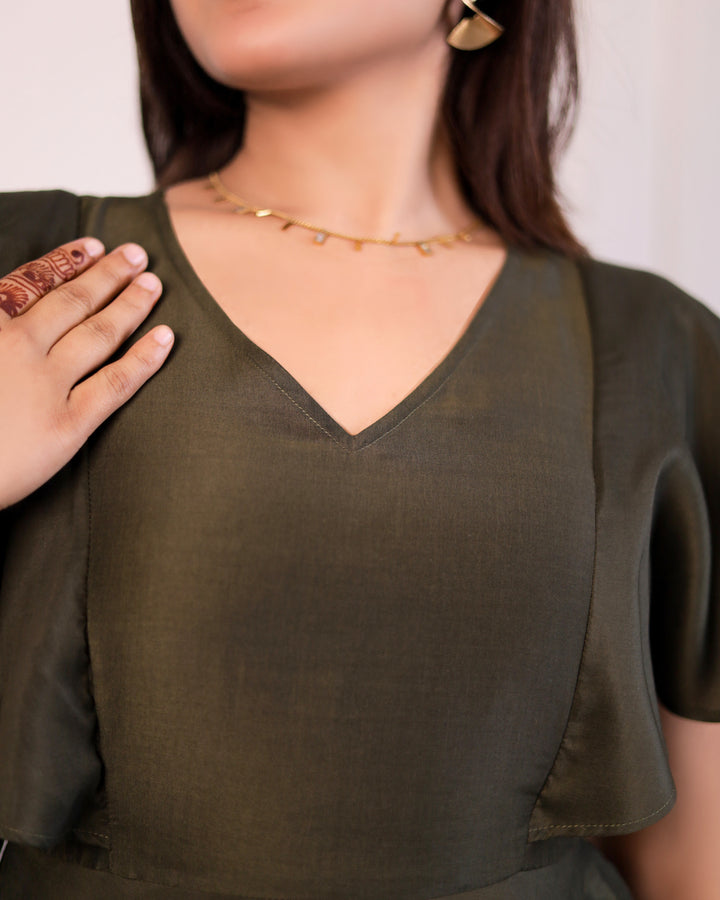 Dark Olive Frill and Flare Dress