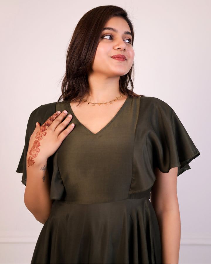 Dark Olive Frill and Flare Dress