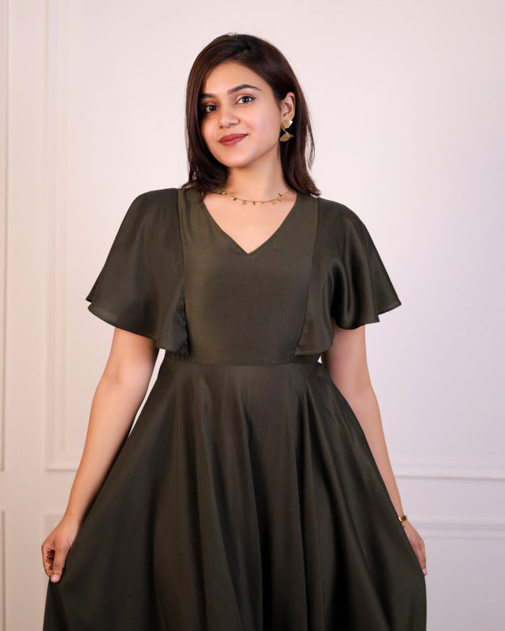 Dark Olive Frill and Flare Dress