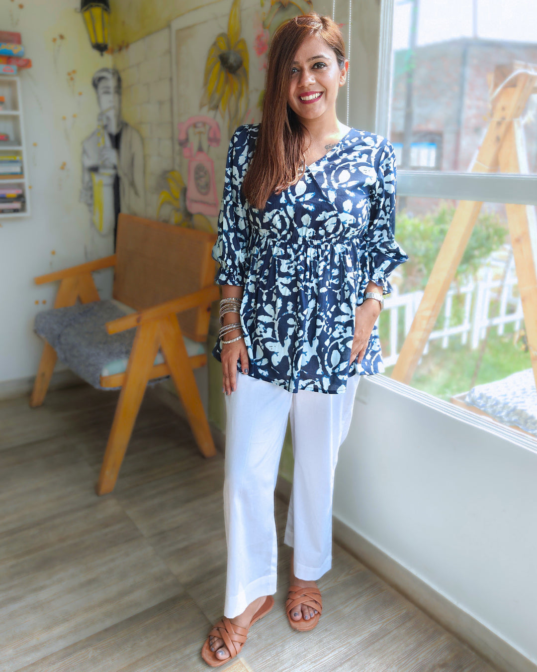 Indigo White Cotton Peplum Top