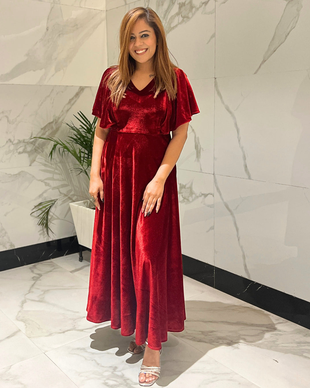 Deep Red Flared Velvet Dress