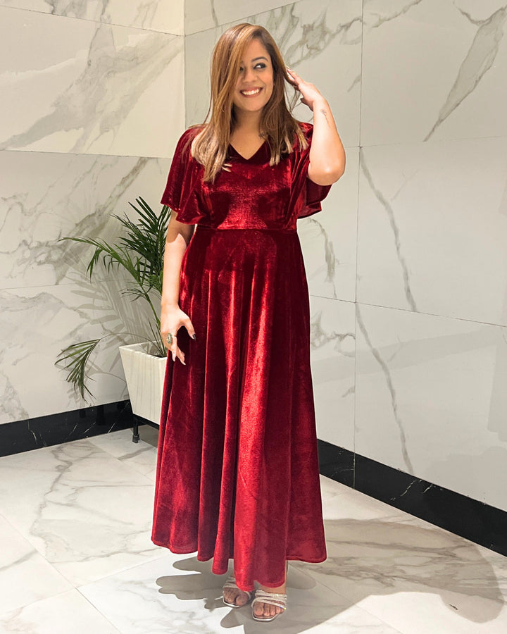 Deep Red Flared Velvet Dress