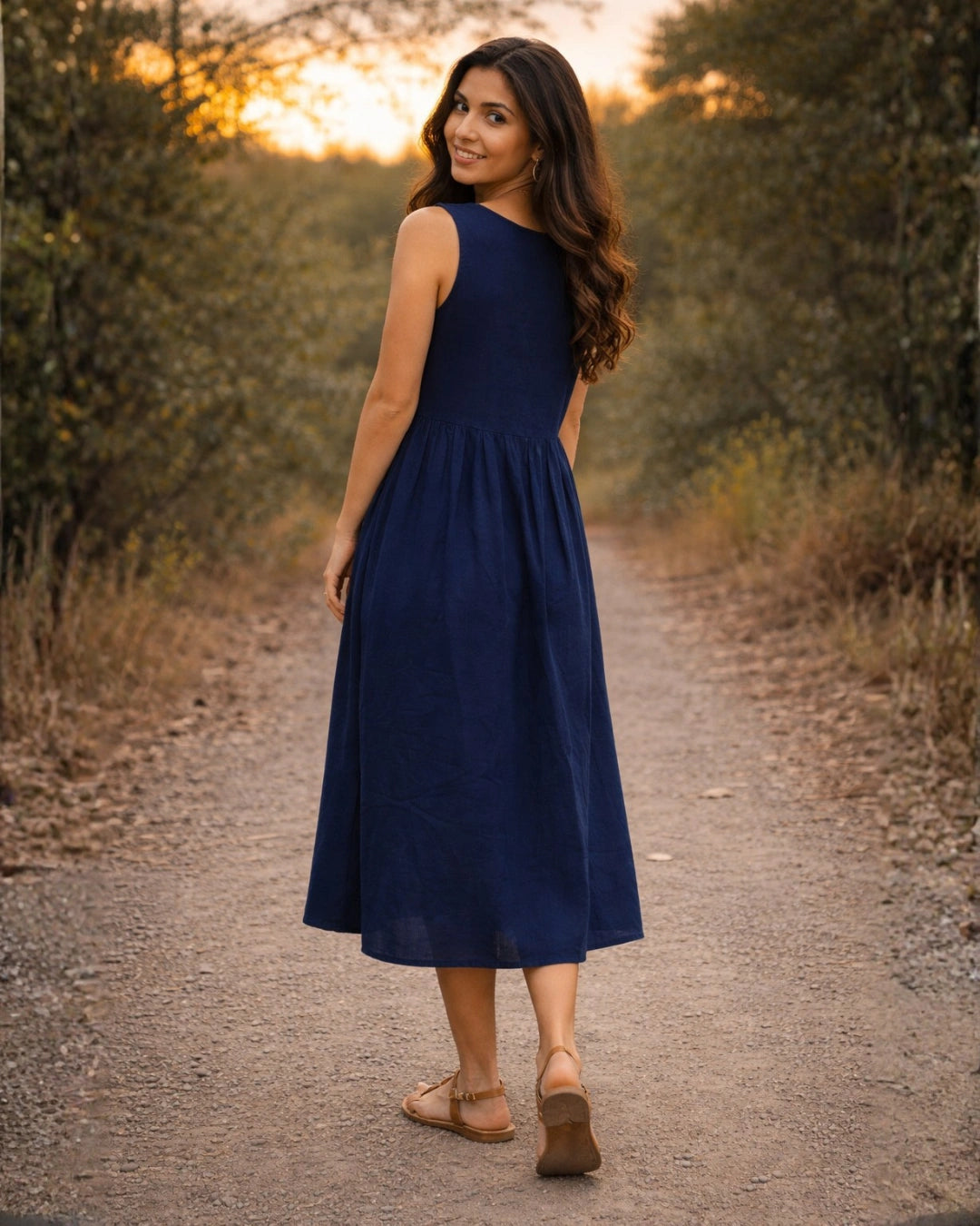 Deep Blue A-line Sleeveless Cotton Dress For Women The Svaya Deep Blue A-line Sleeveless Cotton Dress For Women The Svaya
