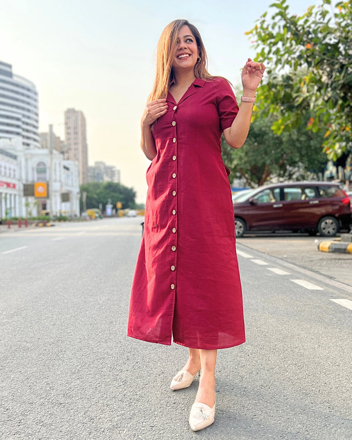 Deep Red All-Day Linen Women's Shirt Dress