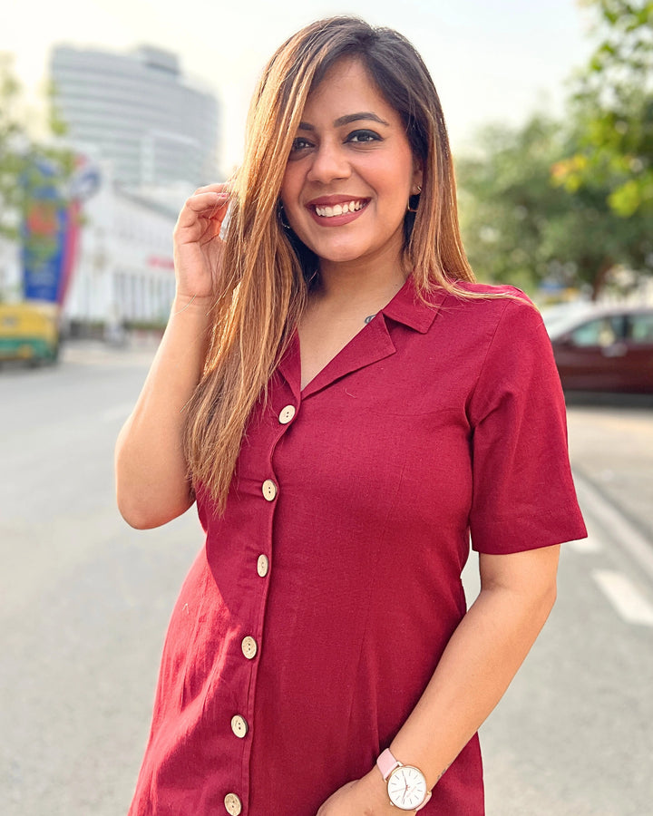 Deep Red All-Day Linen Women's Shirt Dress
