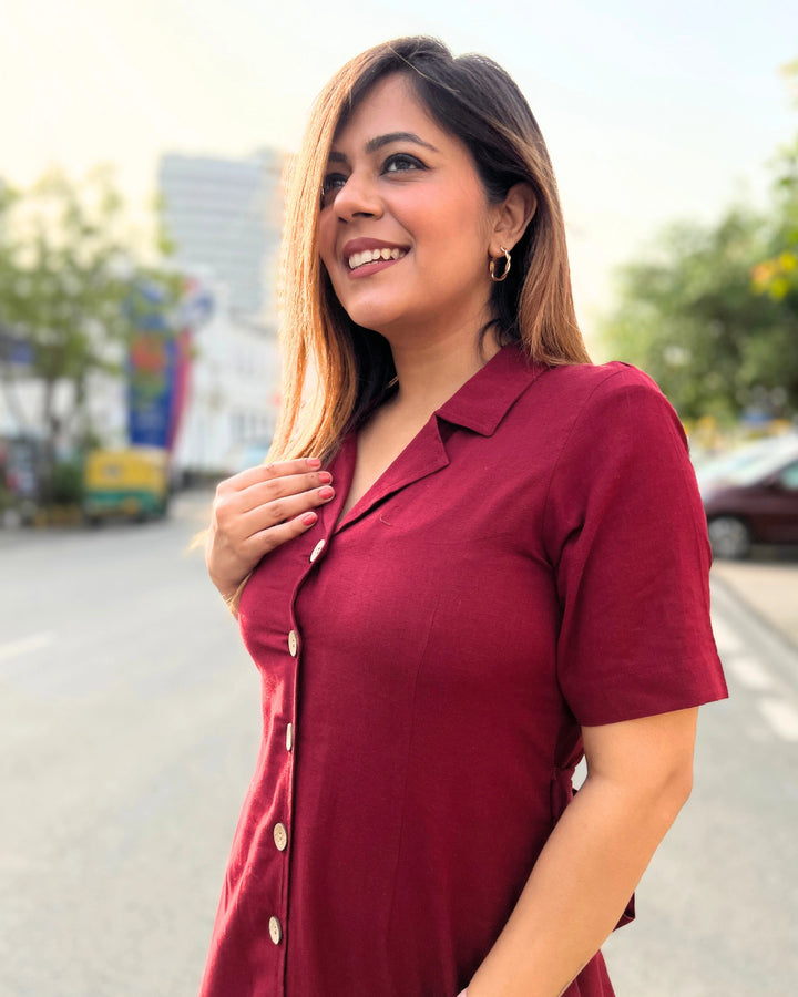 Deep Red All-Day Linen Women's Shirt Dress