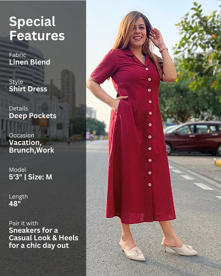 Deep Red All-Day Linen Women's Shirt Dress