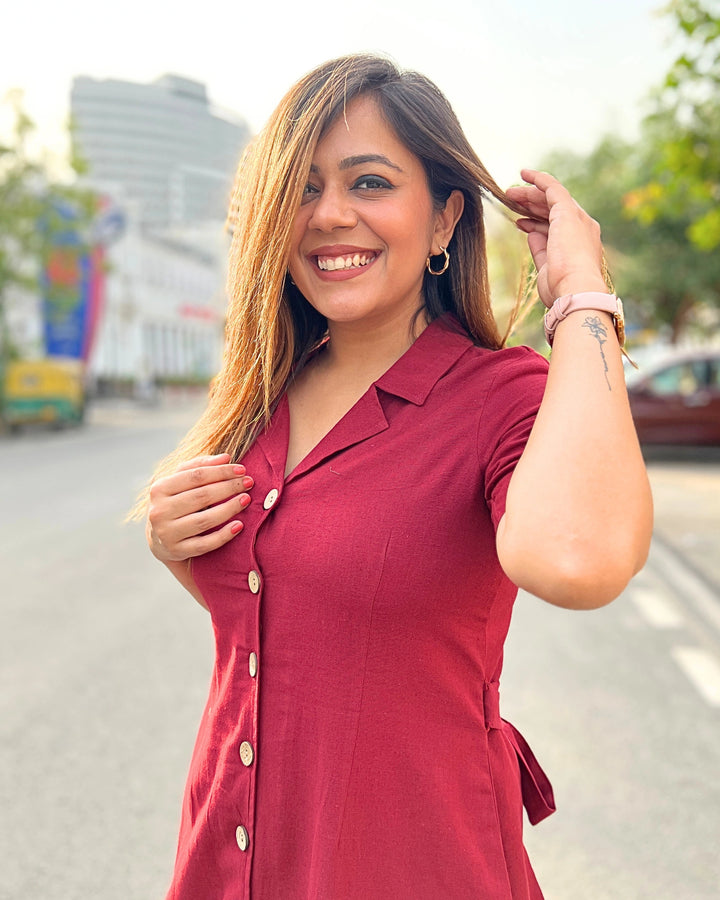 Deep Red All-Day Linen Women's Shirt Dress