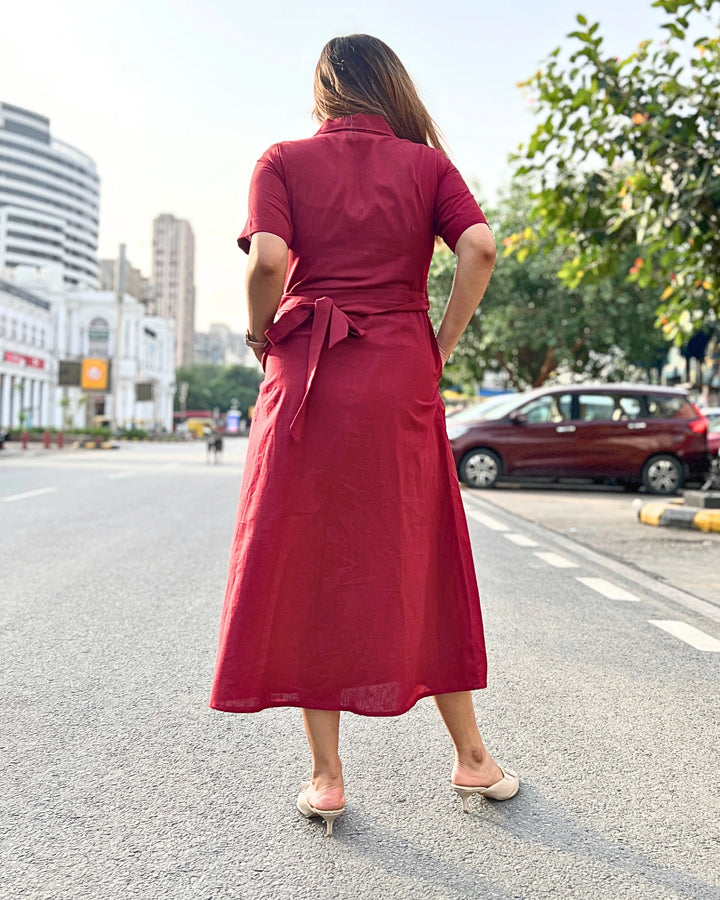 Deep Red All-Day Linen Women's Shirt Dress