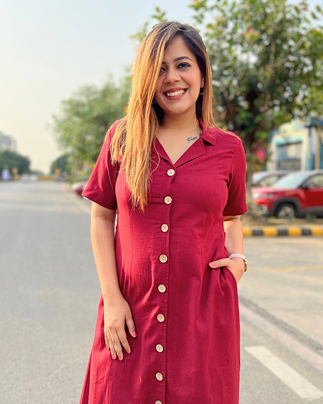 Deep Red All-Day Linen Women's Shirt Dress