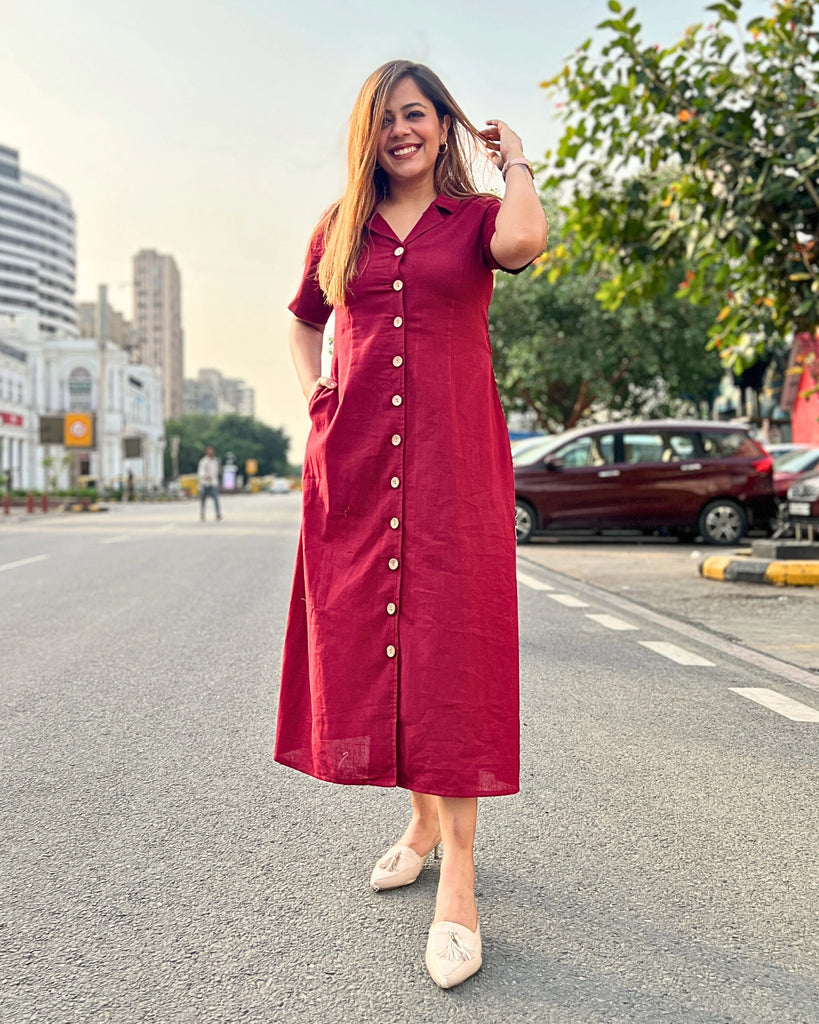 Deep Red All-Day Linen Women's Shirt Dress