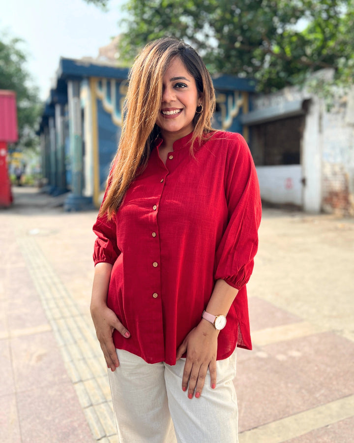 Deep Red Cotton Slub Shirt For Women