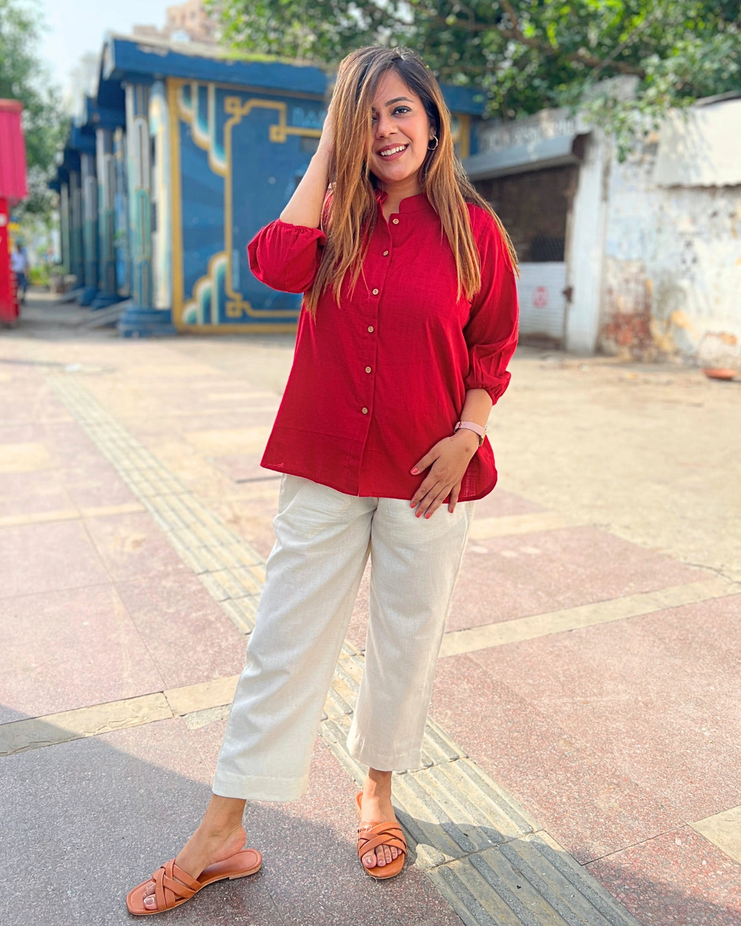 Deep Red Cotton Slub Shirt For Women