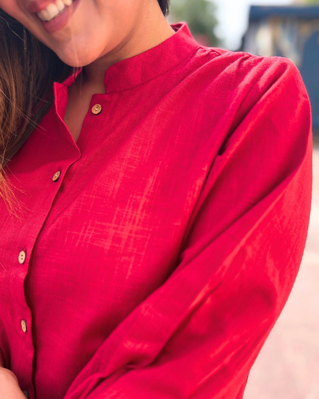 Deep Red Cotton Slub Shirt For Women