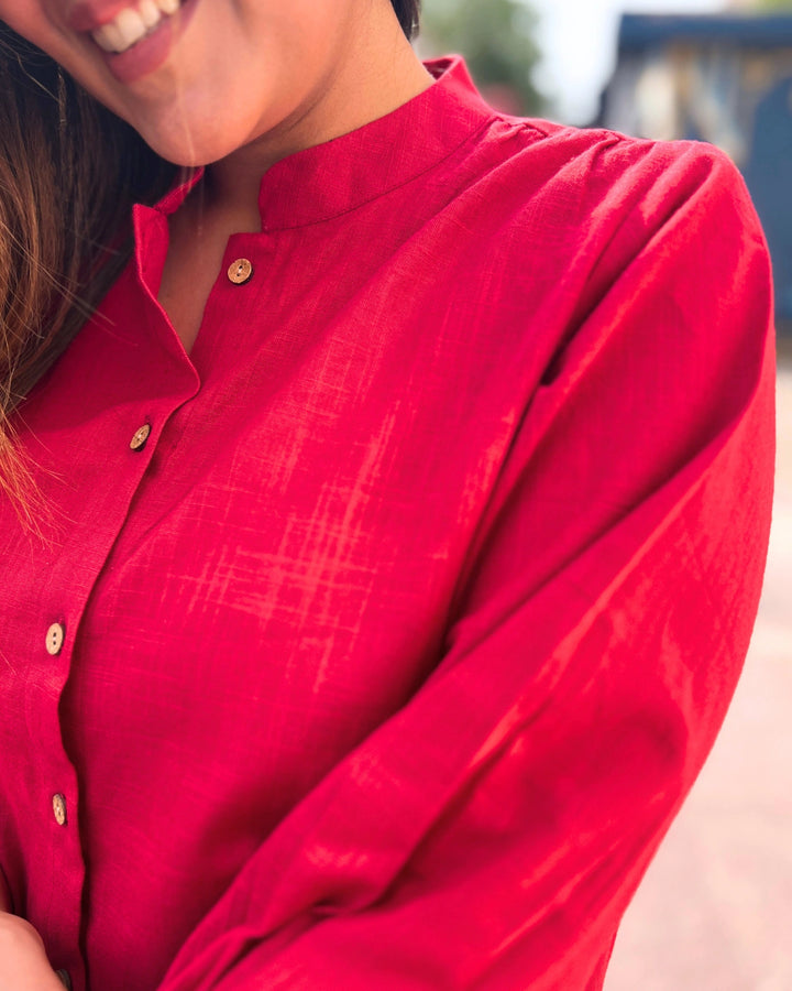 Deep Red Cotton Slub Shirt For Women