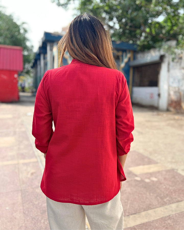 Deep Red Cotton Slub Shirt For Women